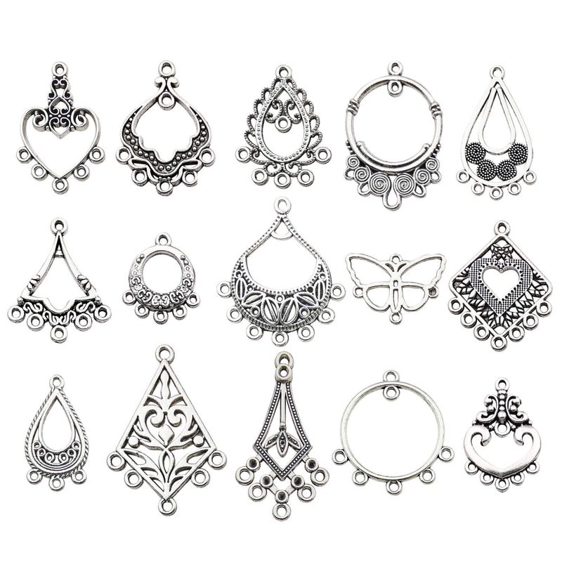 Youdiyla 60 Vintage Hoop Earring Charms Collection, Antique Silver Tone, Large Filigree Chandelier Connector Metal Pendant Craft Supplies Findings for Vintage Hoop Earring Making (HM268) - Image 1